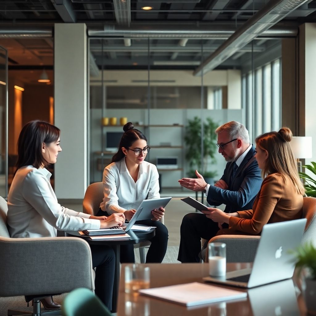 Show a team of financial consultants working intensely with clients in a sophisticated office. The ambiance should be professional, with a focus on teamwork. Use neutral tones complemented by bright accents for a contemporary feel. Capture their engagement in high-resolution detail, emphasizing the interactive aspects of consulting.