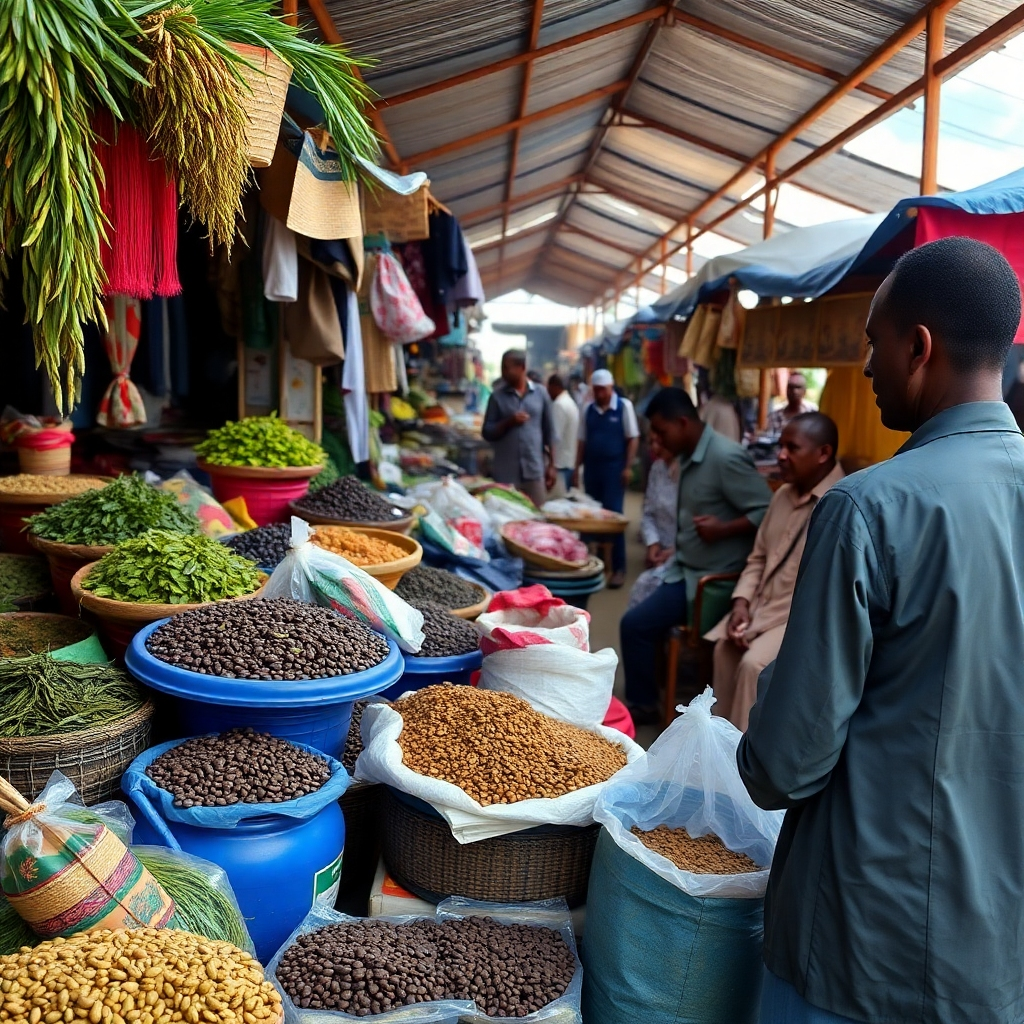 Show a vibrant marketplace scene featuring the diverse products of Safiias Farms: fresh cash crops, aromatic tea leaves, roasted coffee beans, and high-quality livestock products. Capture the energy and vibrancy of the market, highlighting the flow of goods and the exchange of value. Style: A blend of documentary photography and commercial advertising. Technical specifications: High resolution, visually appealing.