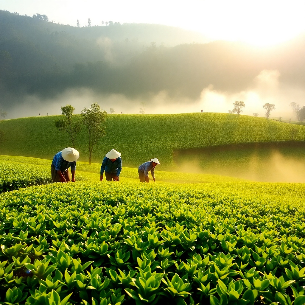 Show workers picking tea leaves in the early morning sun, with mist rising from the landscape.