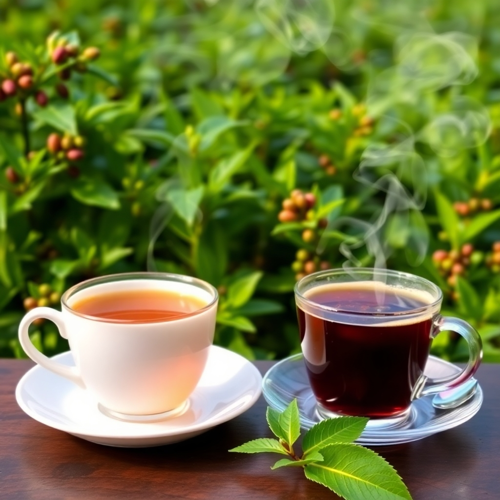 Steaming cups of freshly brewed tea and coffee are displayed against a backdrop of lush tea and coffee plants.