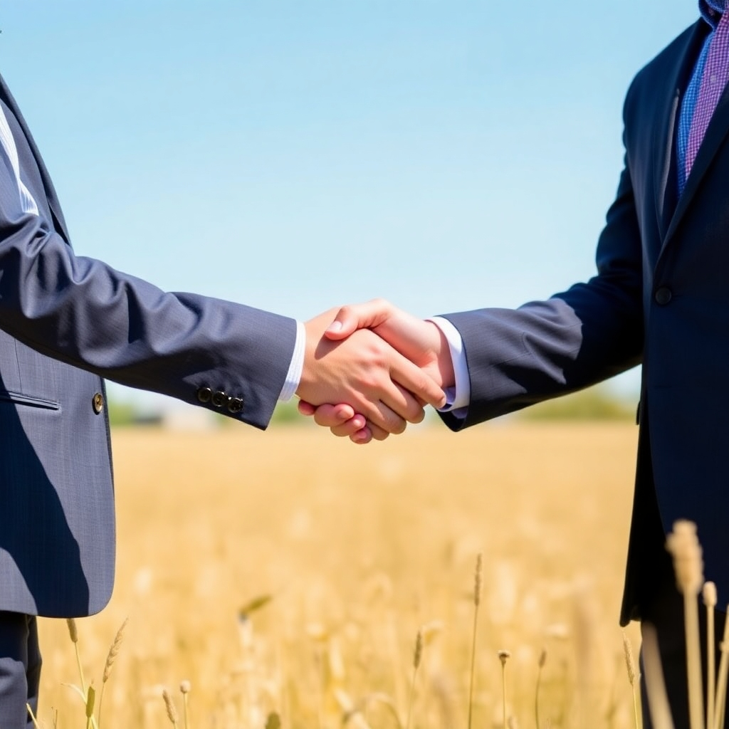 Two people are seen shaking hands in a field, representing a partnership agreement.