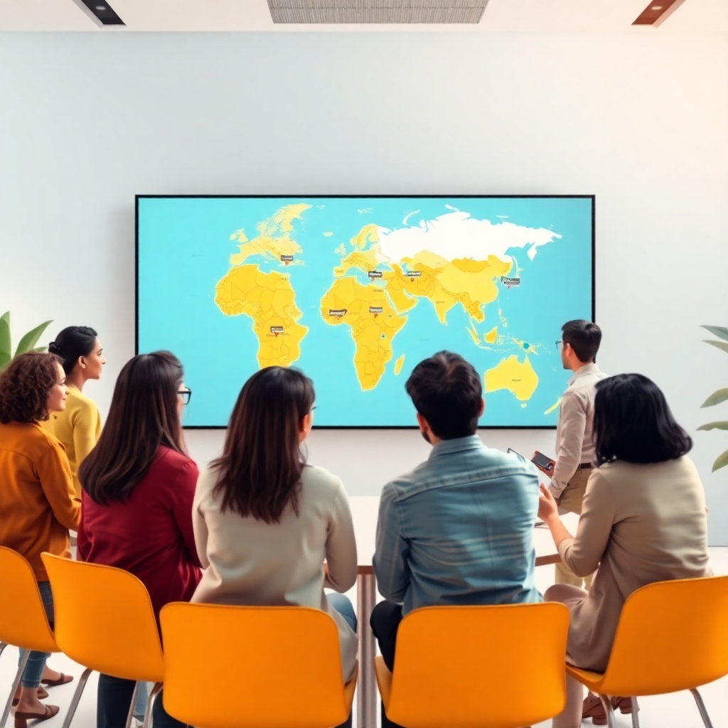Visualize a culturally diverse group of professionals engaging with a digital map on a large screen, showcasing potential development sites. The room should have a modern, tech-inspired design with bright colors and soft lighting that promotes a sense of innovation. The interaction should look dynamic and collaborative, conveying the essence of teamwork in development. Aim for high-quality visuals that can illustrate this concept effectively.
