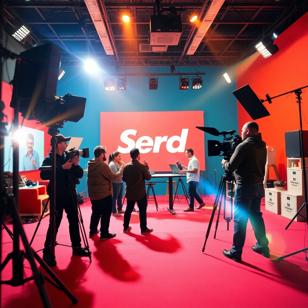 Visualize a dynamic set where a film crew is shooting a commercial. The background should be vividly colored with props related to the brand being promoted. The lighting should highlight the crew in action, with lens flares creating a cinematic feel. Include gear like cameras and lighting equipment for an authentic touch. The frame should capture both the excitement of the shoot and the essence of branding in motion.