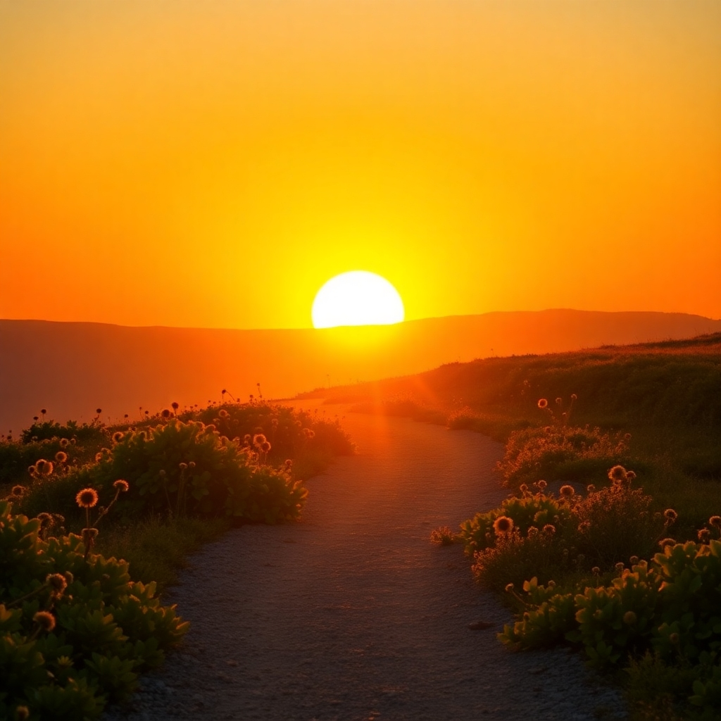 Visualize a gorgeous sunrise illuminating a winding path, symbolizing the journey to financial success. The colors should be soft oranges and yellows, creating a hopeful atmosphere that encourages new beginnings. Details of flora along the path can suggest growth and opportunities, depicted in a stunning high-resolution image.