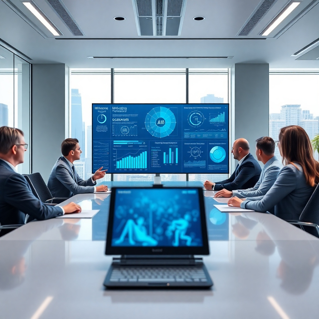 Visualize a high-tech boardroom where business leaders analyze AI-generated data on large displays. The environment should include modern décor with a backdrop of cityscape visible through large windows. Bright, effective lighting should accentuate the energy in the room, while a color palette of gray and blue symbolizes professionalism. Capture the moment of innovative brainstorming in a photorealistic image.