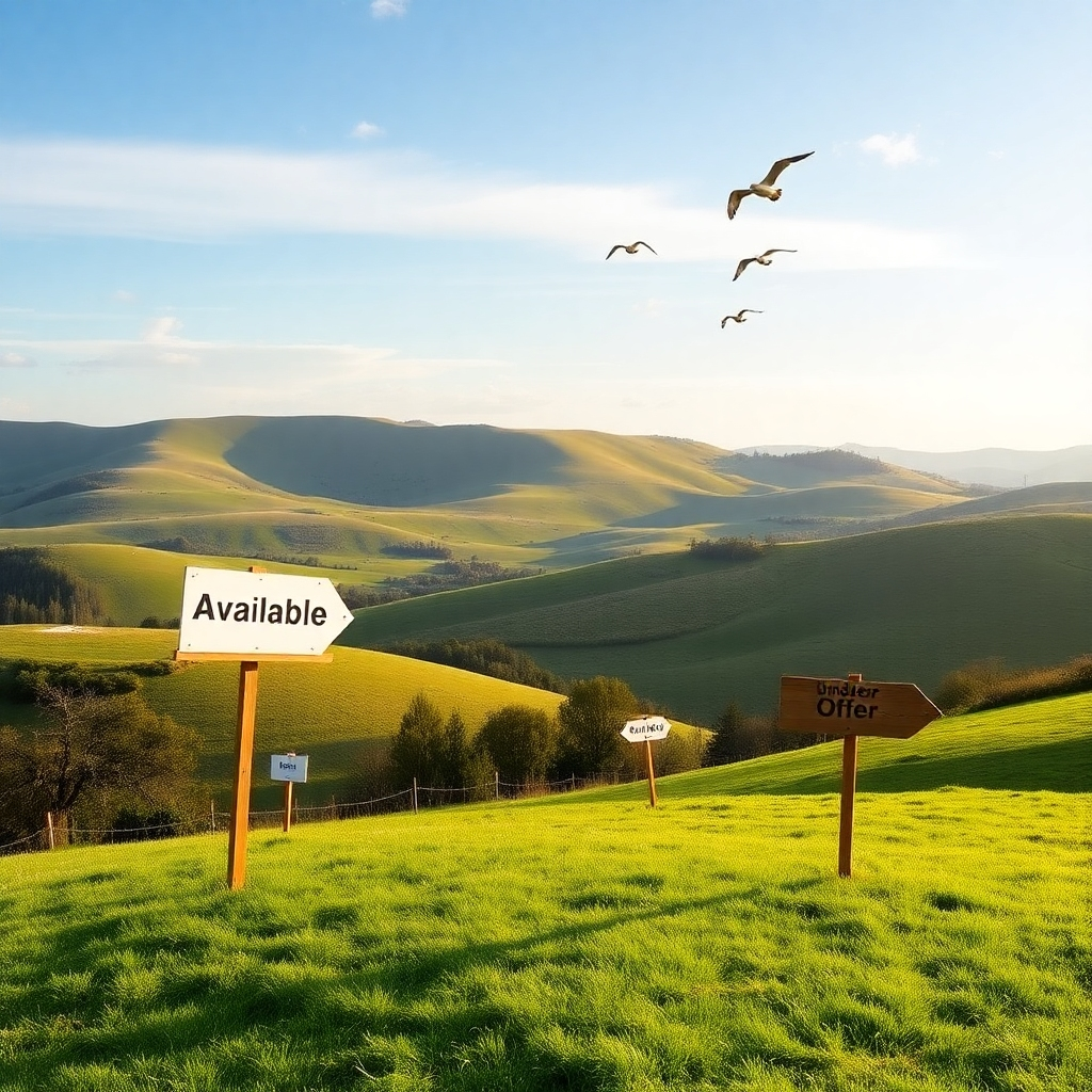 Visualize a serene landscape depicting various parcels of land with signage indicating 'Available,' 'Under Offer,' or similar terms. The setting should have natural beauty with rolling hills and a clear sky, evoking a sense of peace. Birds should be visible in the sky, further enhancing the image of land acquisition with great potential.