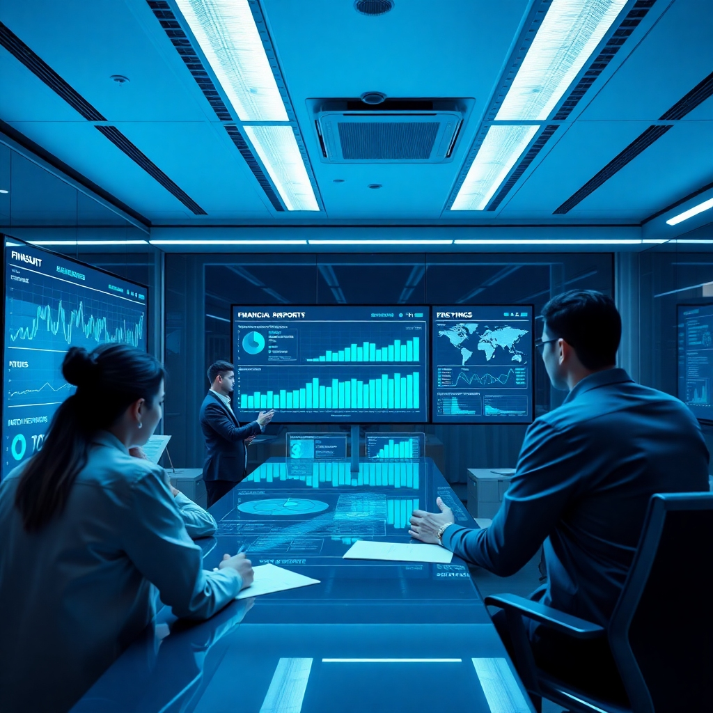 Visualize a sleek, modern office where a team is analyzing AI-generated financial reports on large screens. Incorporate futuristic technology elements, such as holographic displays and interactive dashboards, in ambient lighting that enhances clarity. The color scheme should be tech-focused, with cool blues and metallic accents, conveying a sense of innovation and forward-thinking approaches in a photorealistic manner.