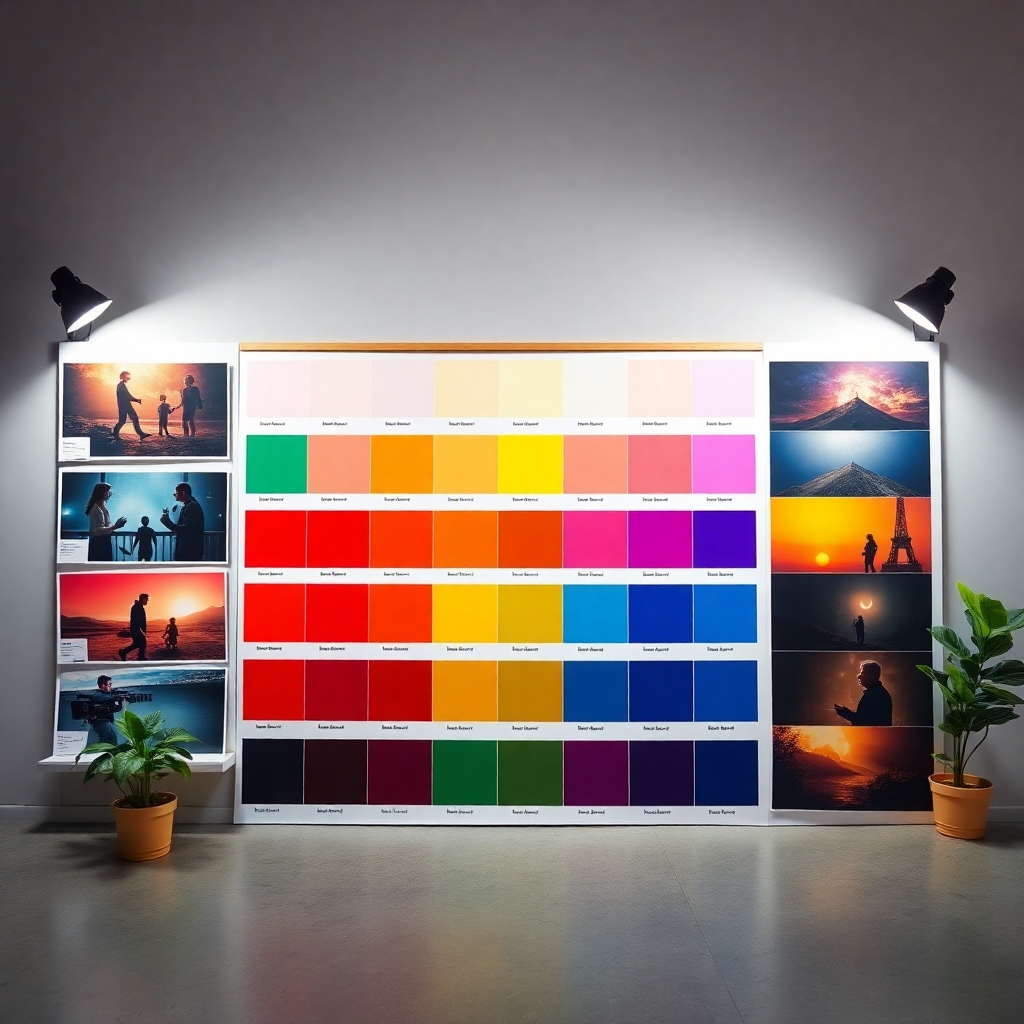 Visualize an artistic display of a color palette board next to vibrant stills from various films, with color theory notes around them. The focus should be on the striking contrast between the colors and the moods conveyed in each still. The environment should have bright studio lights illuminating the board, providing clarity and focus. The overall impression should be fresh and colorful, showcasing the importance of color in branding.