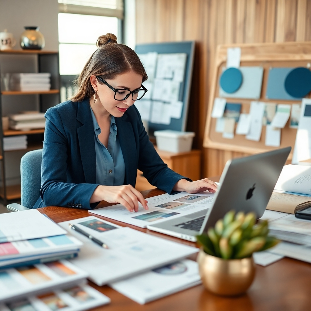 Visualize an image of a professional event planner organizing details for a large gathering. The scene should show a stylish office environment where a planner is reviewing layouts and checking with vendors over a laptop, surrounded by swatches and event materials. The lighting should be bright and focused, emphasizing the planner's concentration and creativity. Compositionally, include elements that suggest organization and flair, with notes and mood boards in the background. Color palette: soft blues and warm wood tones. The image should illustrate precision and elegance.