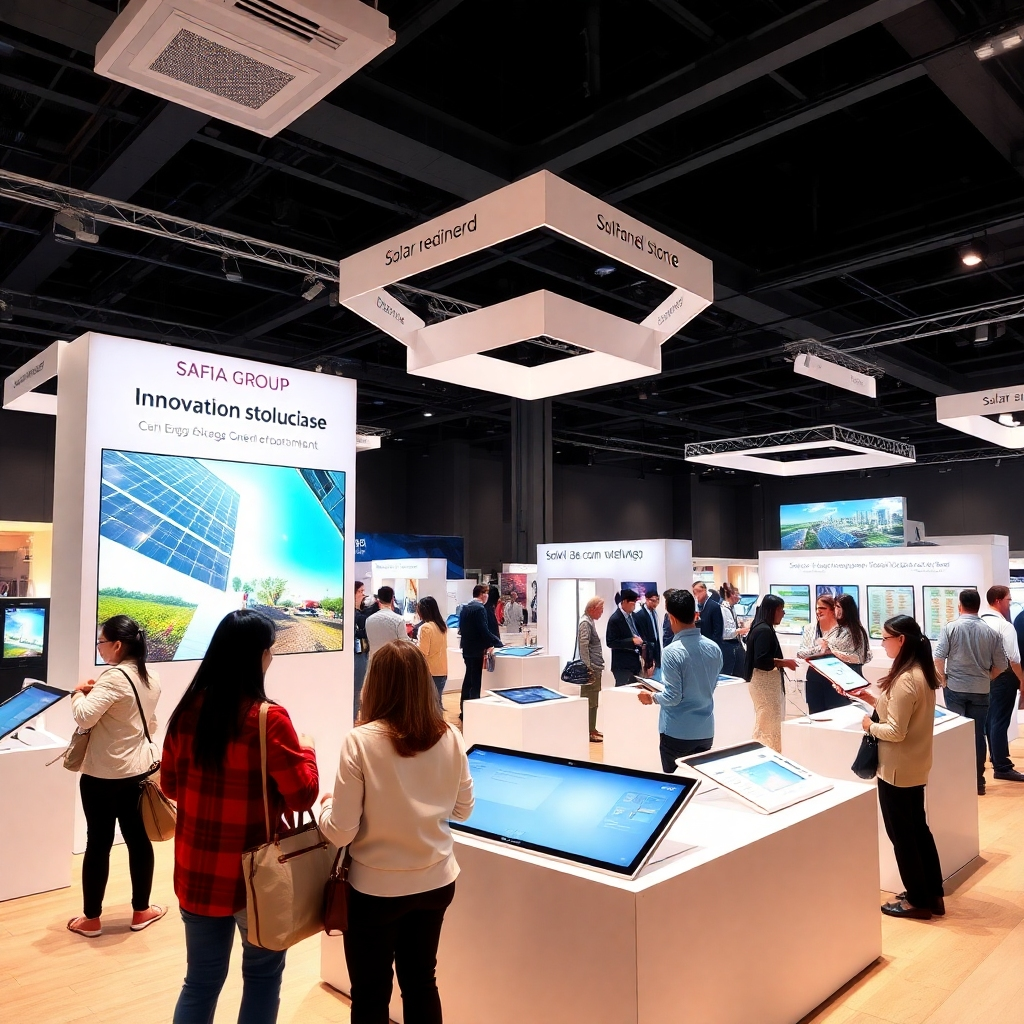 Visualize an interior shot of Safiia Group's innovation showcase, featuring interactive displays of solar panel technology, energy storage solutions, and smart grid management systems. Include diverse individuals exploring the exhibits. Style: Modern, high-tech trade show. Composition: Medium shot capturing the interactive displays and the people engaging with them. Props: Interactive screens, solar panel prototypes, energy storage units, and informational displays.