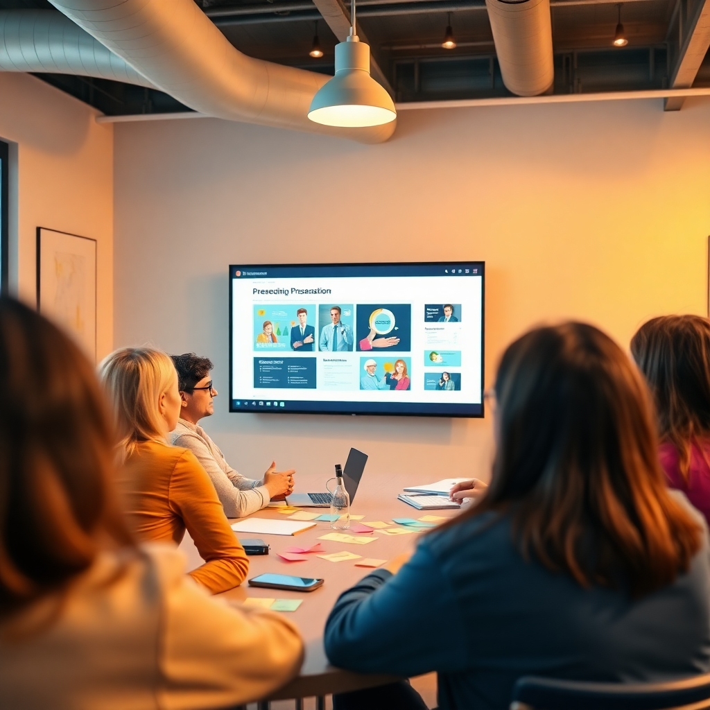A candid image showing a feedback session in a creative meeting room, where participants are giving feedback on a proposed presentation design displayed on a large screen. The environment is collaborative, with colorfully pinned notes around. Warm lighting enhances the flow of discussion, creating an inviting atmosphere for creativity and collaboration. The camera angle captures engaged participants and their shared insights. Technical specs are 4K resolution.
