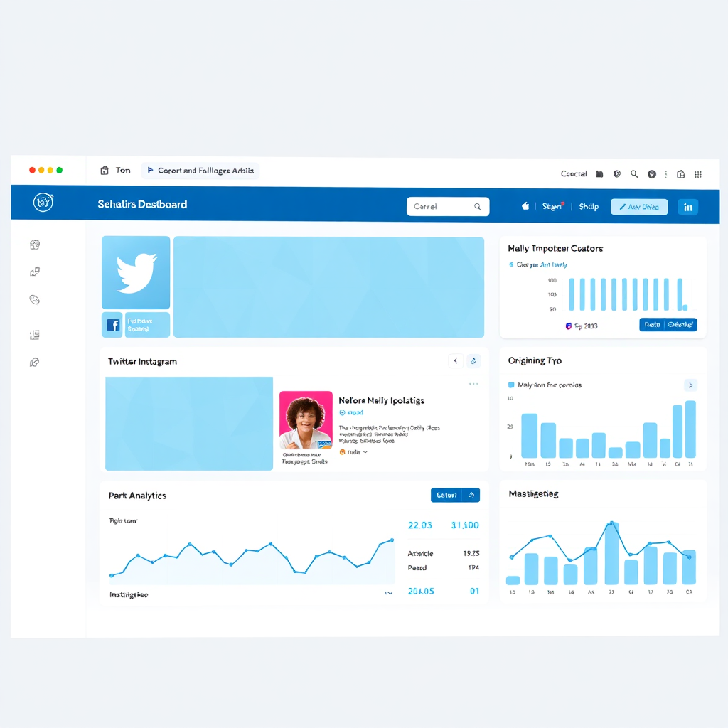 A clean, organized dashboard interface displaying multiple social media feeds (Facebook, Twitter, Instagram, LinkedIn) within a single screen. The interface is intuitive with clear navigation, scheduling options, and analytics displays. The image style should be modern and minimalist, using a blue and white color palette. The rendering is photorealistic, emphasizing the clarity and usability of the interface.