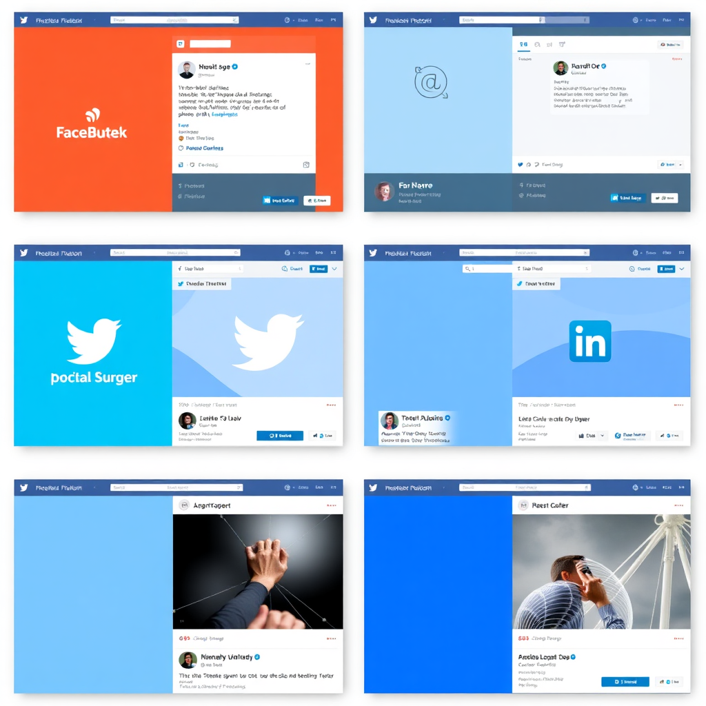 A collection of branded social media profiles (Facebook, Twitter, Instagram, LinkedIn) displayed side-by-side. Each profile features consistent branding elements, such as logos, color palettes, and typography. The profiles are visually appealing and professional. The rendering style should be clean and minimalist, emphasizing the importance of brand consistency.