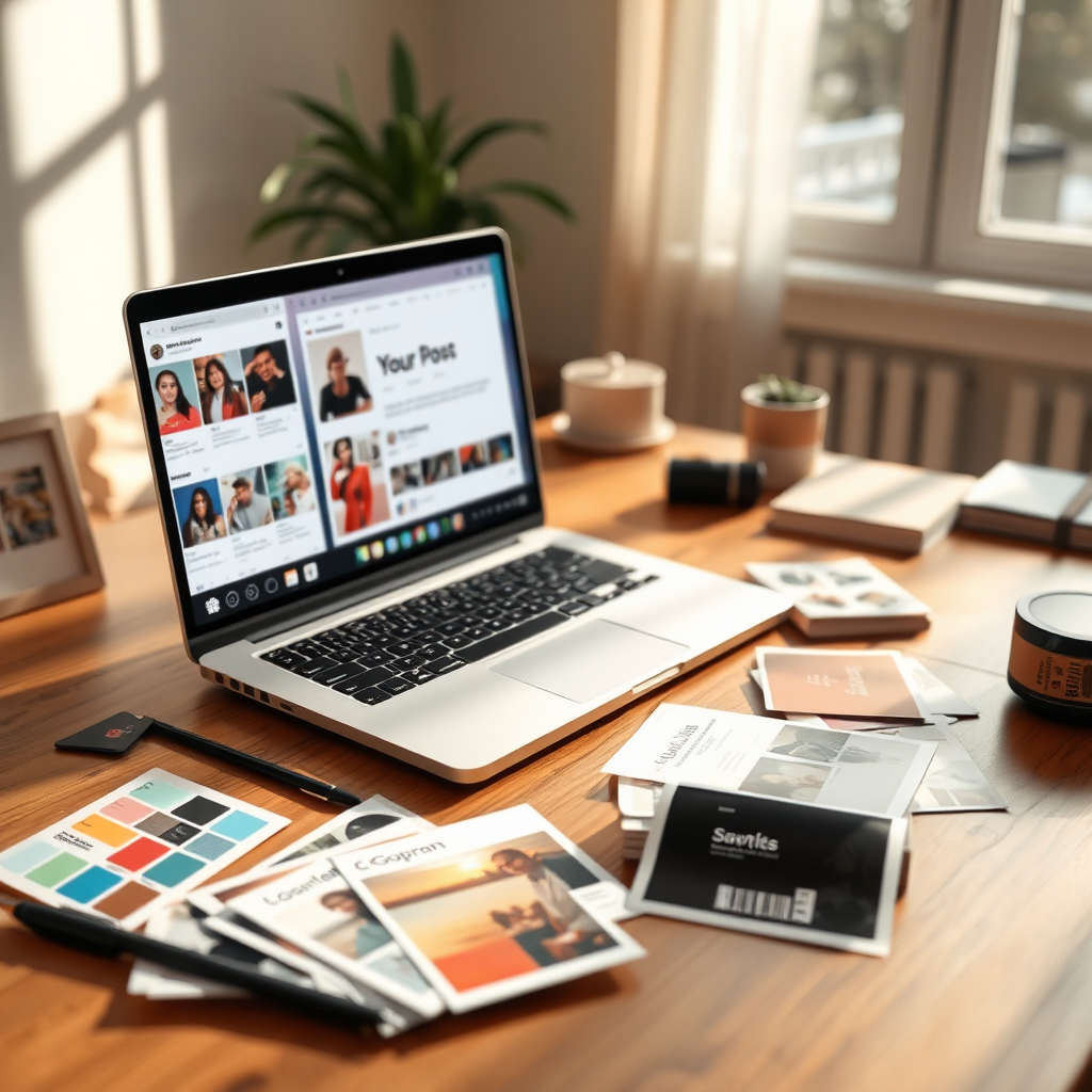 A creative workspace featuring a laptop displaying a social media post being designed. Various design elements are scattered around the laptop, including color palettes, typography samples, and image thumbnails. The scene is bathed in natural light, creating a warm and inviting atmosphere. The rendering style should be photorealistic, showcasing the detail and artistry involved in content creation.