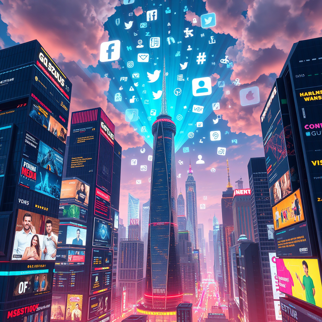 A futuristic cityscape with towering skyscrapers displaying real-time social media trends and news feeds. The sky is filled with holographic projections of trending topics and hashtags. The scene is dynamic and energetic, conveying the constant evolution of social media. The rendering style should be stylized and futuristic, with vibrant colors and sleek designs.