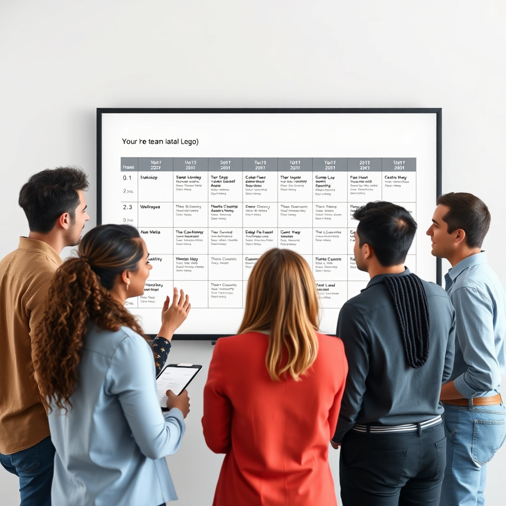 A group of diverse professionals collaborating around a digital whiteboard. They are reviewing social media content, discussing campaign strategies, and assigning tasks. The atmosphere is collaborative and productive. The whiteboard displays a content calendar with scheduled posts and assigned team members. The rendering style should be photorealistic, capturing the natural interactions and expressions of the team members.