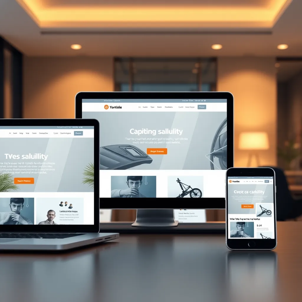 A hyperrealistic image showcasing a website displayed on multiple devices: a laptop, a tablet, and a smartphone. The website should feature a captivating design that seamlessly adapts to each screen size. The image should capture the smooth transitions and responsiveness of the website across different devices. The background is a modern office setting with warm, ambient lighting. Each device should be positioned to highlight the website's responsive nature, with the laptop as the central focus. The image should convey the ease and convenience of accessing the website on any device. The color palette should be sophisticated and visually appealing, reflecting the professionalism and accessibility of mobile-responsive design.