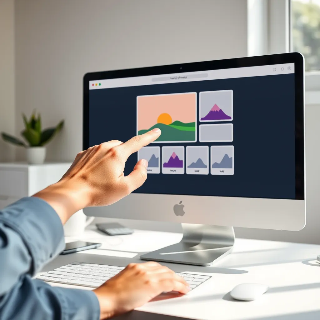 A person's hand hovering over a computer screen, dragging a colorful image icon onto a website layout with a grid of placeholder elements. The background is a clean, minimalist workspace with natural light. The image should convey ease of use and visual appeal.