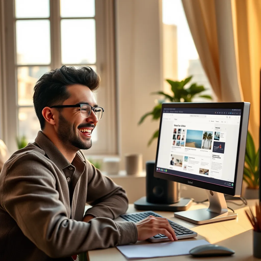 A person smiling and looking at a computer screen, confidently building a website. The screen displays a website builder interface with visual elements and options, but no visible code. The background is a cozy, home office with a window overlooking a sunny cityscape.