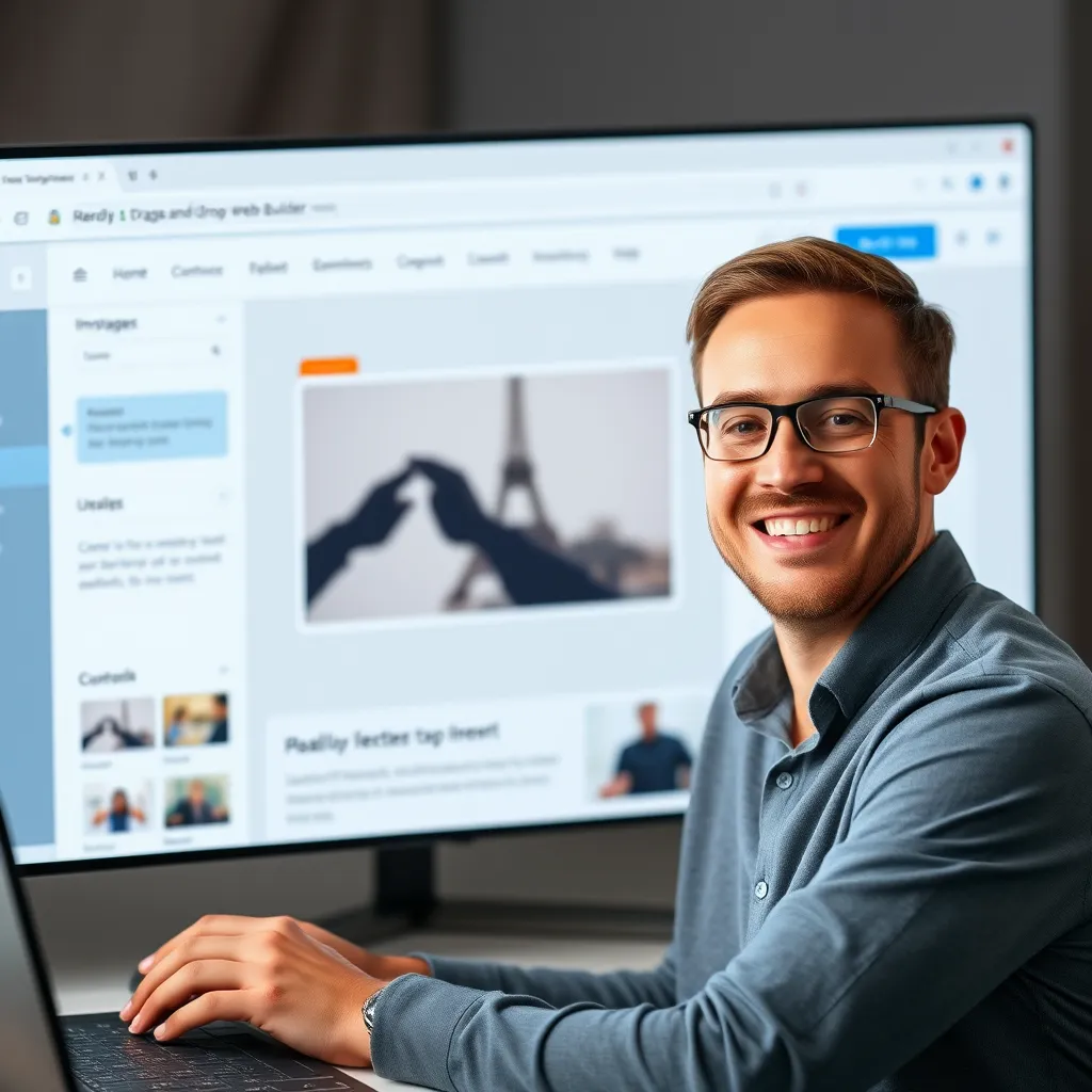 A person using a drag-and-drop web builder interface. The interface should be clean and intuitive, with various website elements like text boxes, images, and buttons. The person should be smiling and effortlessly dragging an image element onto the page.