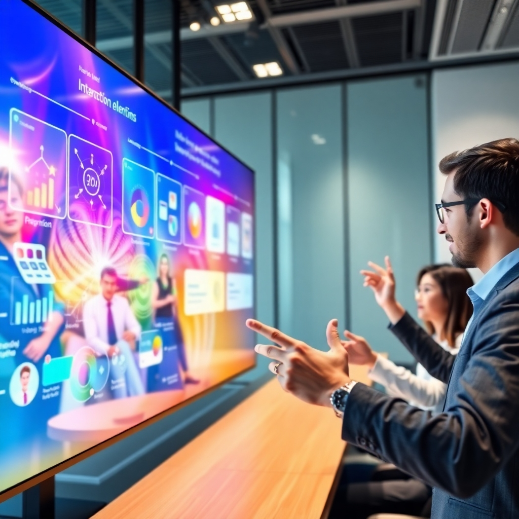 A photorealistic image depicting an animated touchscreen interface in a modern conference room, showcasing interactive presentation elements. Vibrant colors and sleek designs attract the viewer’s attention while engaged professionals gesture towards the screen, illustrating excitement and interactivity. Lighting is well-balanced, focusing on the screen's dynamic content. Close-up texture details highlight the interface's clarity and modern technology. The camera angle is from the side, capturing the interaction. Technical specs are 4K resolution.
