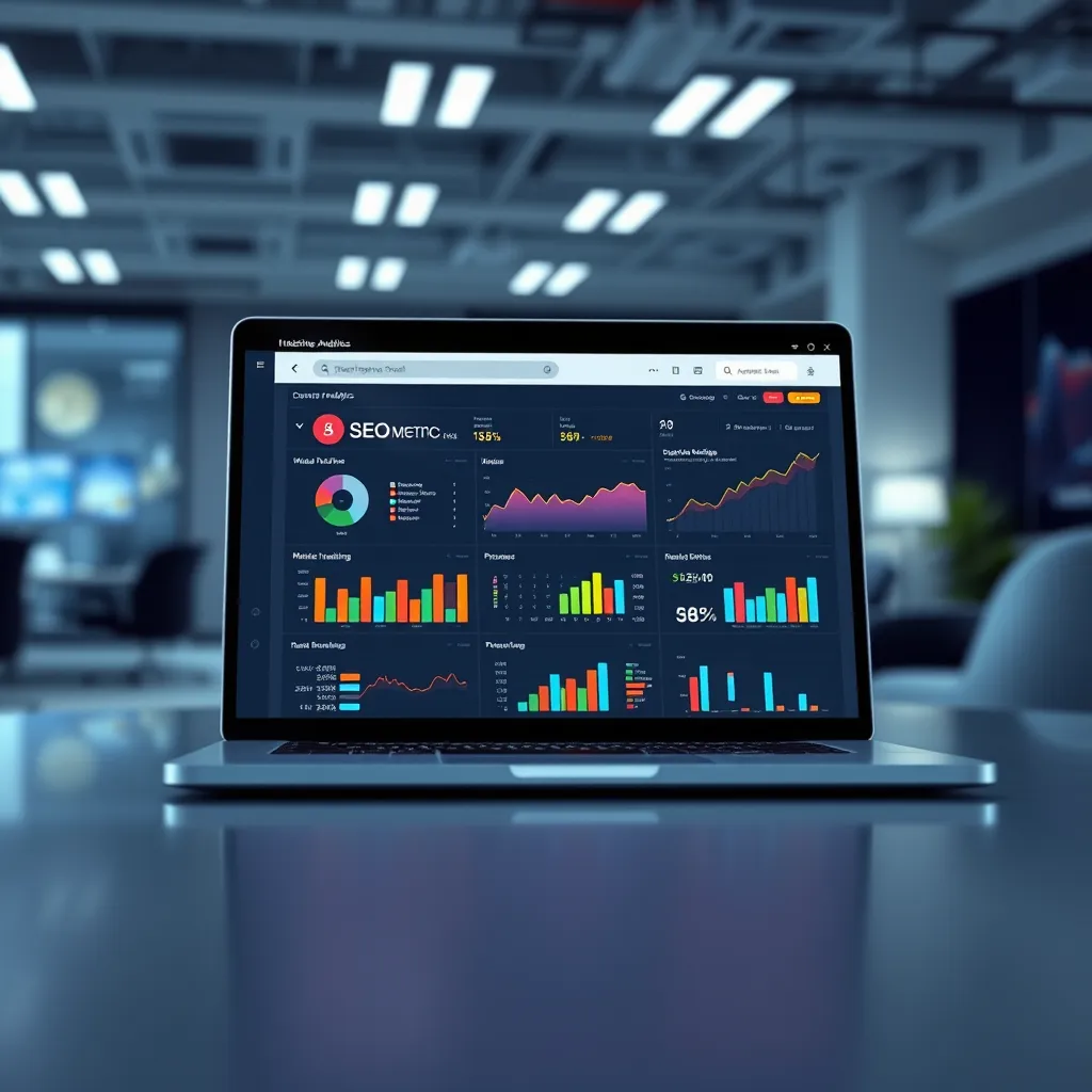 A photorealistic image of a laptop screen displaying a website analytics dashboard with insightful SEO metrics. The dashboard features colorful graphs and charts showcasing website traffic, keyword rankings, and other key performance indicators. The background is a modern, tech-focused office with sleek furniture and soft, diffused lighting. The image should convey the importance of data-driven website optimization. Focus on the clarity and user-friendliness of the SEO tools, highlighting their ability to improve website visibility and search engine rankings. The color palette should be professional and data-driven, reflecting the analytical nature of the tools. The image should inspire confidence and success, highlighting the power of HostNetDirect's built-in SEO tools.