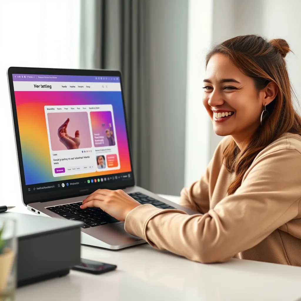 A photorealistic image of a person using a laptop with a vibrant, modern website builder interface. The person is smiling and effortlessly dragging and dropping elements, such as text boxes, images, and buttons, onto the website layout. The background is a clean, minimalist workspace with soft natural lighting. The image should be high-resolution, with sharp details and a focus on the user's interaction with the builder interface. Capture the ease and intuitiveness of the drag-and-drop functionality. The color palette should be bright and inviting, reflecting a user-friendly and engaging experience. The image should exude a feeling of confidence and accomplishment, highlighting the simplicity of website creation with HostNetDirect's builder.