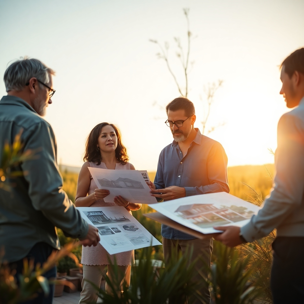 A photorealistic image of an architect carefully reviewing deck designs with clients in an outdoor scenery, surrounded by design samples and plants. Warm sunlight creates an inviting atmosphere, with textures emphasizing paper designs and natural elements. The angle captures the collaborative discussion among the group. Technical specs are 4K resolution.