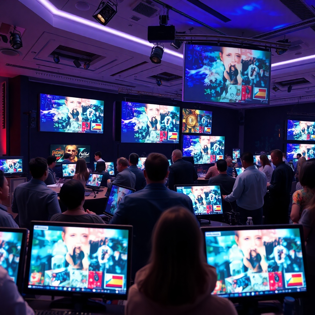 A photorealistic scene of a bustling presentation setup where presenters are arranging multimedia displays involving video projections and well-designed imagery. The lighting is dynamic, highlighting the various media being showcased. The colors are vibrant, with a modern aesthetic that reflects professionalism and creativity. Textures of digital screens and printed materials add depth. A wide-angle shot captures the overall excitement of the presentation setup. Technical specs are 4K resolution.