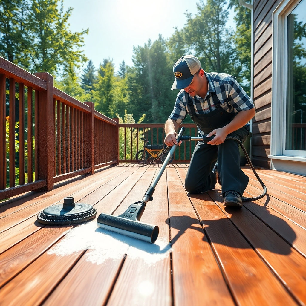 A photorealistic scene of a maintenance expert skillfully cleaning a beautiful wooden deck under the sun. The scene is rich with bright colors of the greenery around, evoking a sense of freshness. Detailed textures showcase the deck’s surface and the cleaning equipment in action. The angle is close-up, focusing on the meticulous care being given to the deck. Technical specs are 4K resolution.