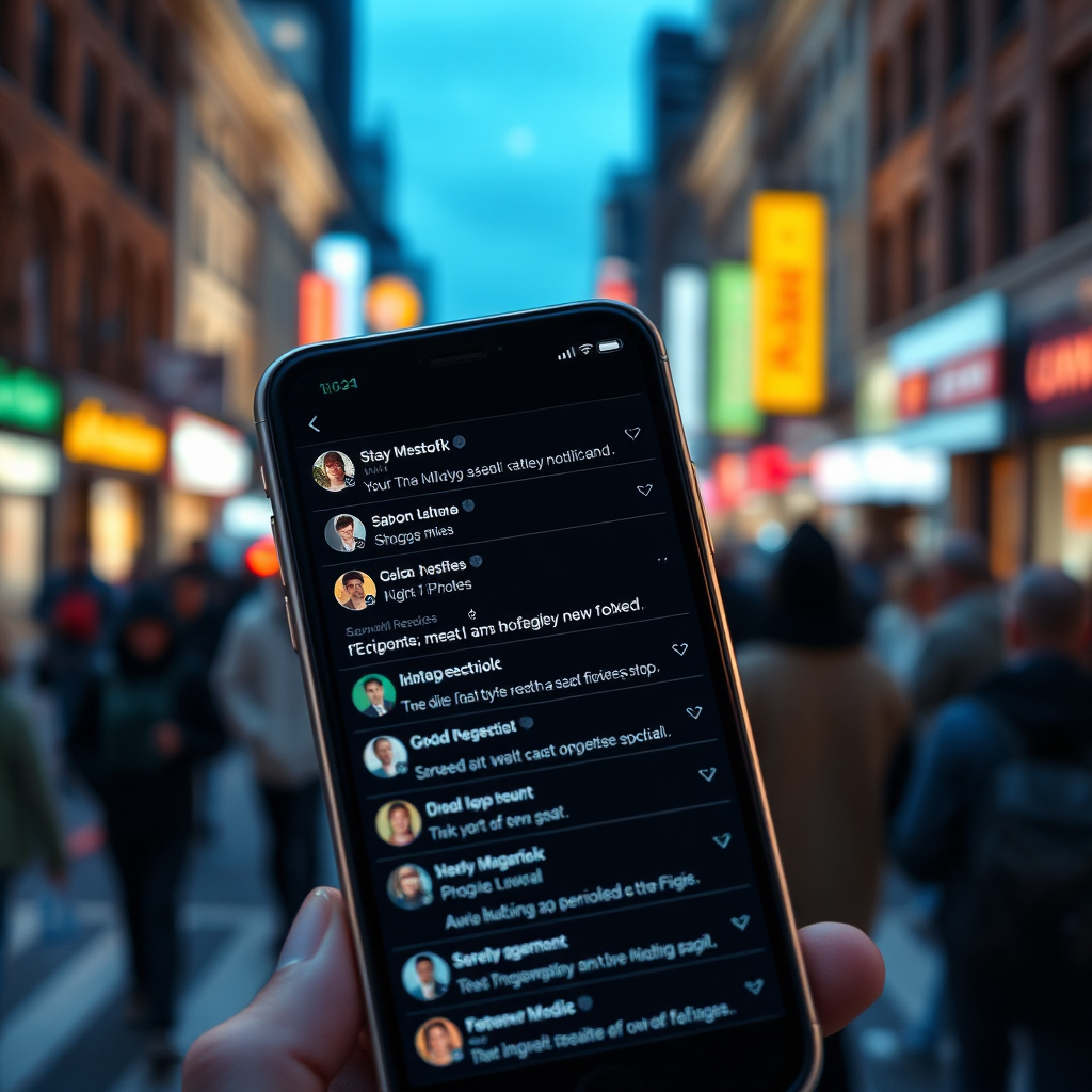 A smartphone displaying a social media notification screen with numerous messages and comments. The screen is brightly lit and the notifications are clearly visible. The background features a blurred image of a bustling city street, symbolizing the constant activity of social media. The rendering style should be photorealistic, emphasizing the immediacy and responsiveness of real-time engagement.