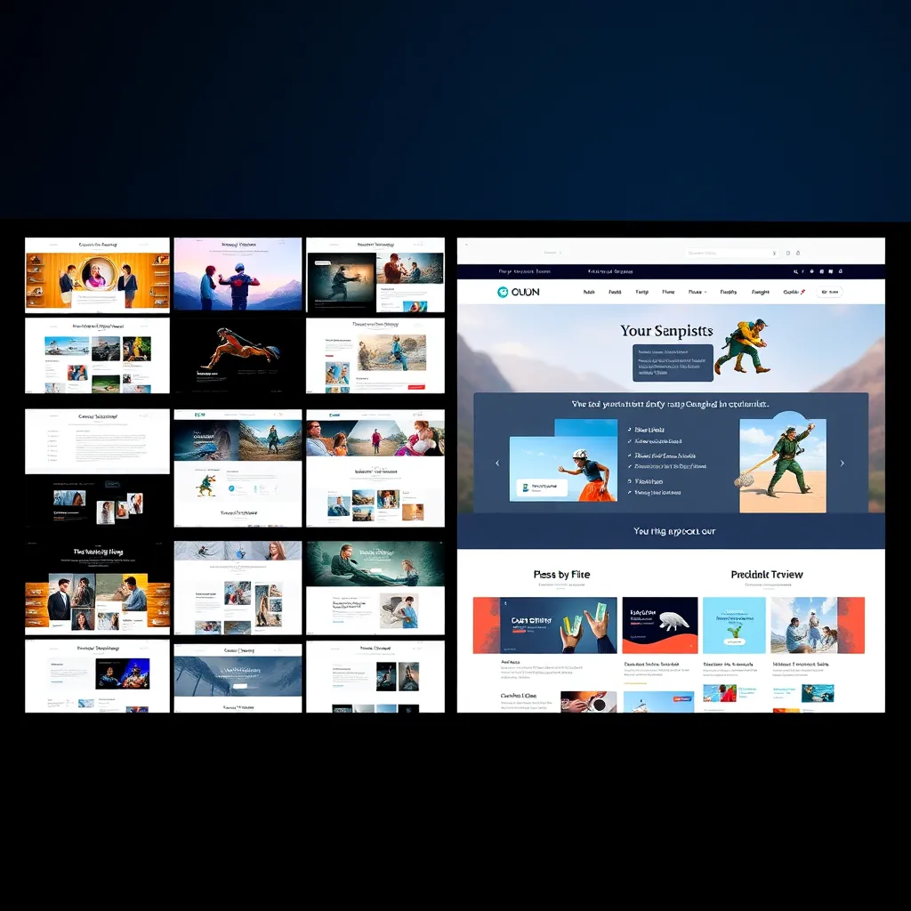 A split-screen image showing two options: on the left, a gallery of diverse website templates, and on the right, a live preview of a website being built using one of the templates. The image should emphasize the ease of customization and the variety of design choices.