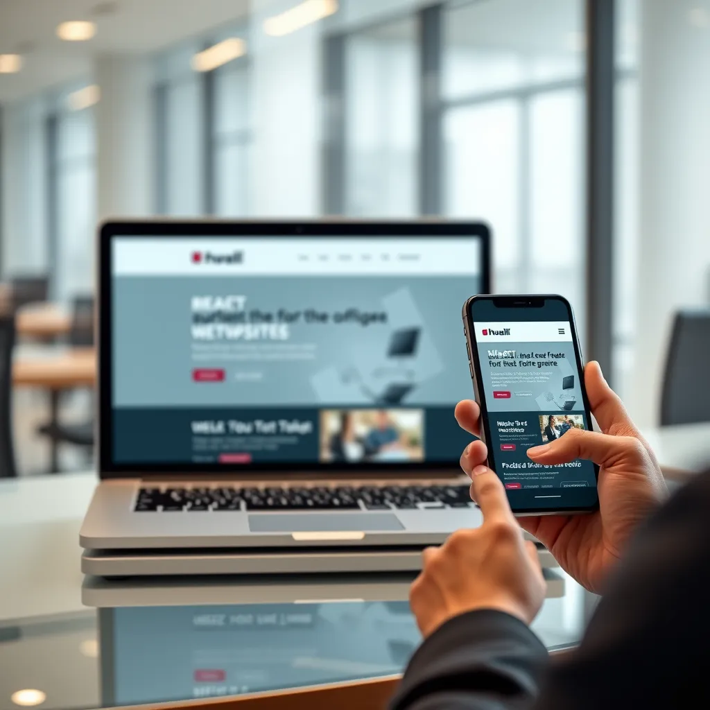 A split-screen view showing the same website on a laptop and a smartphone. Both versions should be visually appealing and well-designed, highlighting the website's responsive nature. The background should be a modern office setting with a person holding the phone and looking at the website.
