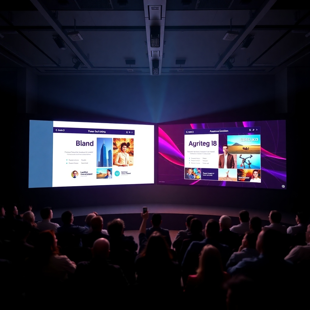 A striking image showing a side-by-side comparison of bland versus visually compelling presentations created with Deck1 on large screens. The lighting focuses on the vibrant graphics and professional layout of the Deck1 presentation, contrasting with the more muted colors of the bland presentation. A centered angle captures the dramatic difference, inspiring viewers. Technical specs are 4K resolution.