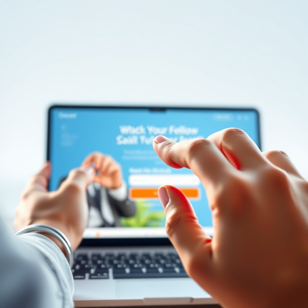 A user clicking on a social media link that leads to a website landing page. The landing page is well-designed and features a clear call-to-action. The scene is bright and inviting, conveying the positive experience of converting from a social media follower to a website visitor. The rendering style should be photorealistic, emphasizing the seamless transition between social media and the website.