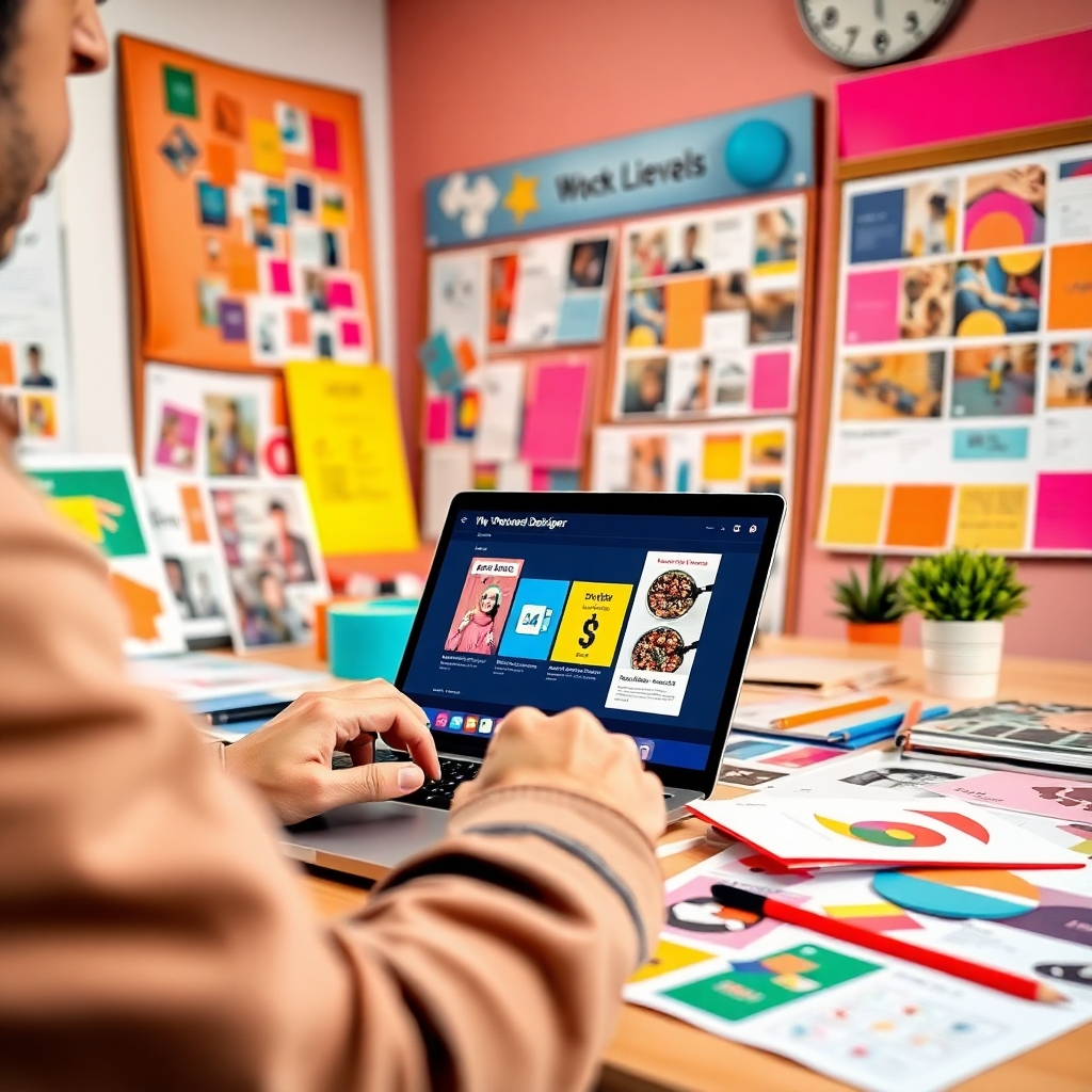 A vibrant image of a designer customizing a Deck1 presentation on a laptop surrounded by colorful design materials and inspiration boards. The scene is bright and creative, showcasing a workspace filled with innovative ideas and tools. Textures highlight the contrast between the digital screen and physical materials. The colors are a mix of warm and cool tones, creating a lively atmosphere. A close-up angle emphasizes the designer's focused expression. Technical specs are 4K resolution.