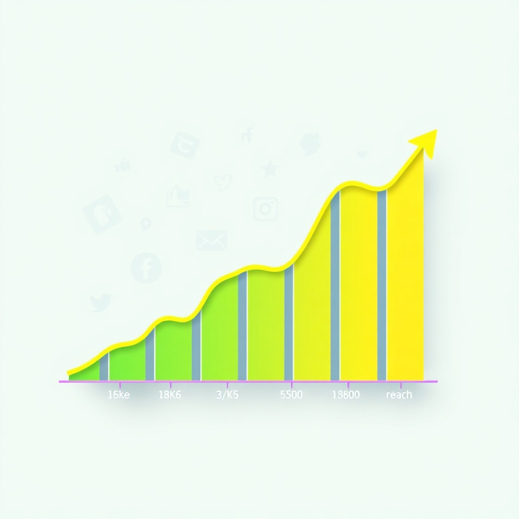 A visually appealing graph showing social media engagement metrics (likes, shares, comments, reach) increasing over time. The graph is rendered with smooth lines and clear data points. The background features a subtle abstract pattern with social media icons. The color palette is vibrant and energetic, using shades of green, blue, and purple to represent growth and engagement. The rendering style should be modern and professional.