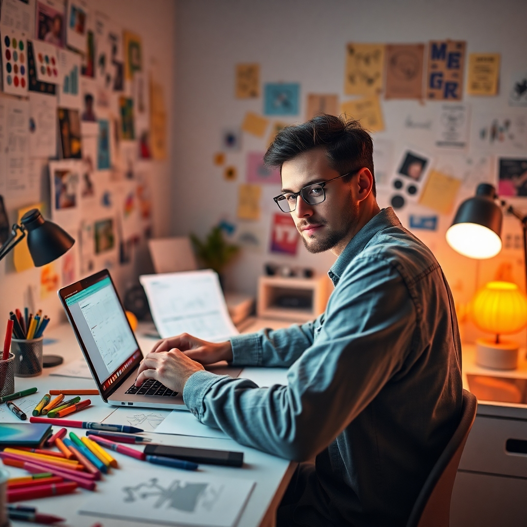 A visually appealing image depicting a designer at a desk filled with digital sketches and ideas, creatively customizing templates on a laptop. The workspace is bright with creative chaos—colorful markers, mood boards, and inspirational designs scattered around. Soft, diffused lighting creates a warm environment that encourages creativity. The camera angle captures both the designer’s focused expression and the vibrant workspace. Technical specs are 4K resolution.