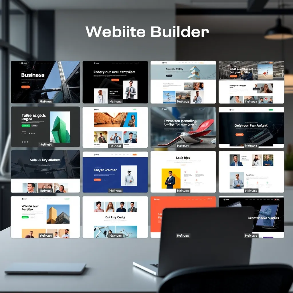 A website builder interface showcasing a grid of diverse, visually appealing website templates. Each template is labeled with a category, such as 'Business', 'Portfolio', or 'Blog'. The background should be a modern office environment with a desk and laptop.