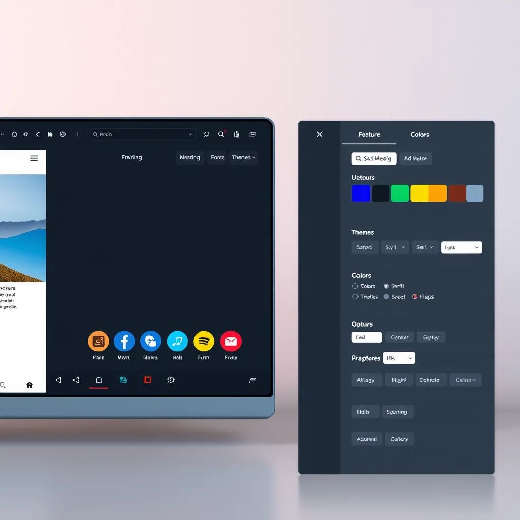 A website builder interface showing a variety of integrated tools and features. One side of the screen shows a website preview with social media icons integrated into the footer. The other side shows options for customizing the website's colors, fonts, and themes. The overall tone should be modern and user-friendly.