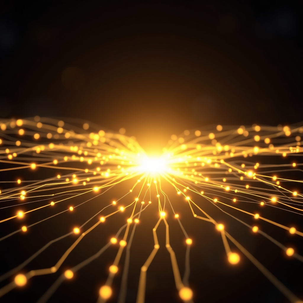 An abstract representation of social media connections expanding outwards from a central point. The connections are represented by glowing lines that spread across the screen. The background is dark and mysterious, highlighting the vast potential of social media reach. The rendering style should be stylized and abstract, with a focus on visual impact.