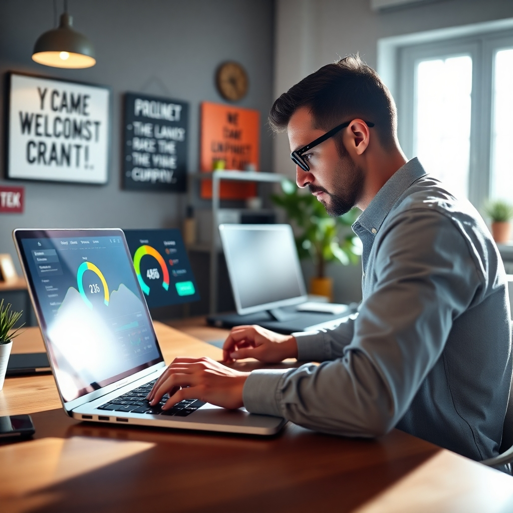 An efficient workspace image showing a professional quickly navigating Deck1’s user-friendly interface on a sleek laptop, with visual indicators of speed and effectiveness displayed on the screen. Bright and airy lighting creates a motivating workspace, with motivational decor surrounding the workspace. A mid-shot captures the individual's focused demeanor while engaging with the tool. Technical specs are 4K resolution.