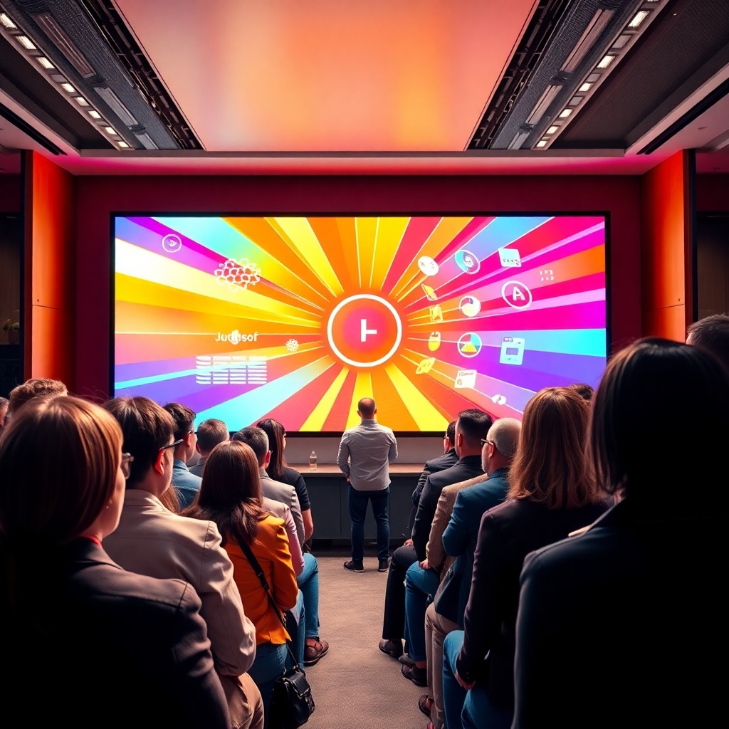 An engaging image illustrating a dynamic presentation scene with a diverse group of professionals attentively watching a speaker in front of a large screen showing a vibrant and well-designed presentation. The lighting is bright and focused on the speaker, enhancing the professional atmosphere. The color palette is bold and inspiring, emphasizing creativity. Textures include sleek technology and polished surfaces. The camera angle forms a wide shot capturing both the audience and the impactful visuals. Technical specs are 4K resolution.