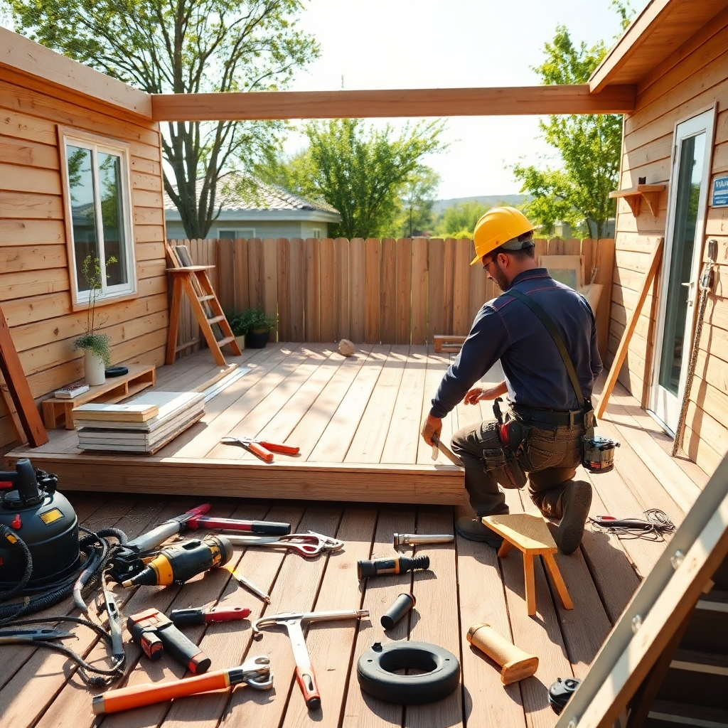 An image illustrating a skilled contractor constructing a deck in a sunny backyard. Tools and materials are organized neatly around the workspace, and the focus is on the craftsmanship being exhibited. Natural sunlight highlights the project, with clear textures showing the materials in use. The angle is slightly elevated, capturing the full scope of the construction area. Technical specs are 4K resolution.