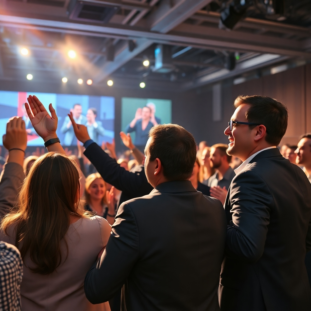 An inspiring scene showcasing professionals in a celebratory atmosphere after successfully presenting a Deck1-enhanced presentation. The background displays a cheering audience, with highlighted moments captured on stage. Bright lighting enhances the joy, and textures of the setting showcase a professional event. A wide-angle captures the excitement of the moment. Technical specs are 4K resolution.