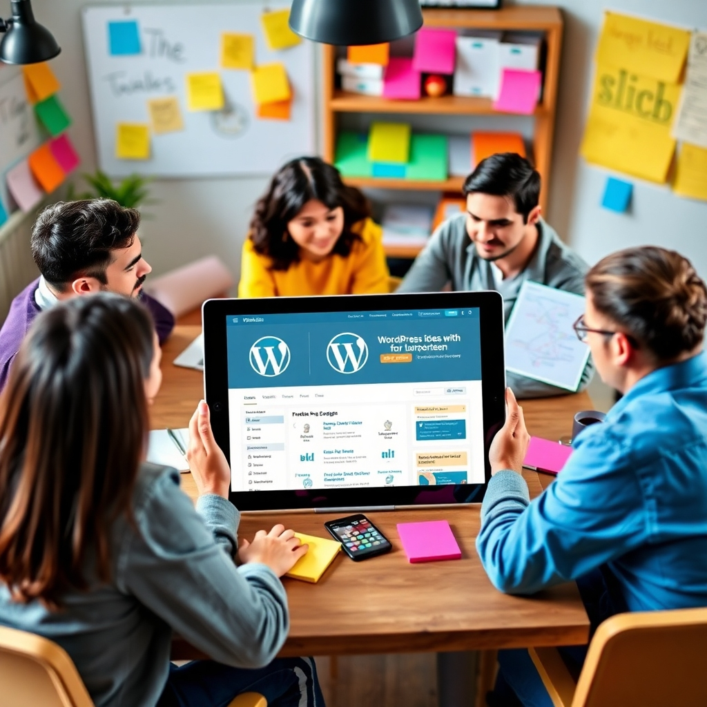 Craft an engaging image that embodies the versatility of WordPress with a vibrant setup. A tablet showcases a WordPress site customization screen, surrounded by a diverse group of users debating ideas and options. Use colorful notes and wireframes around them, set in a lively workspace that reflects creativity and possibilities. The image captures the excitement of WordPress in action, ensuring clarity and warmth for a relatable appeal.