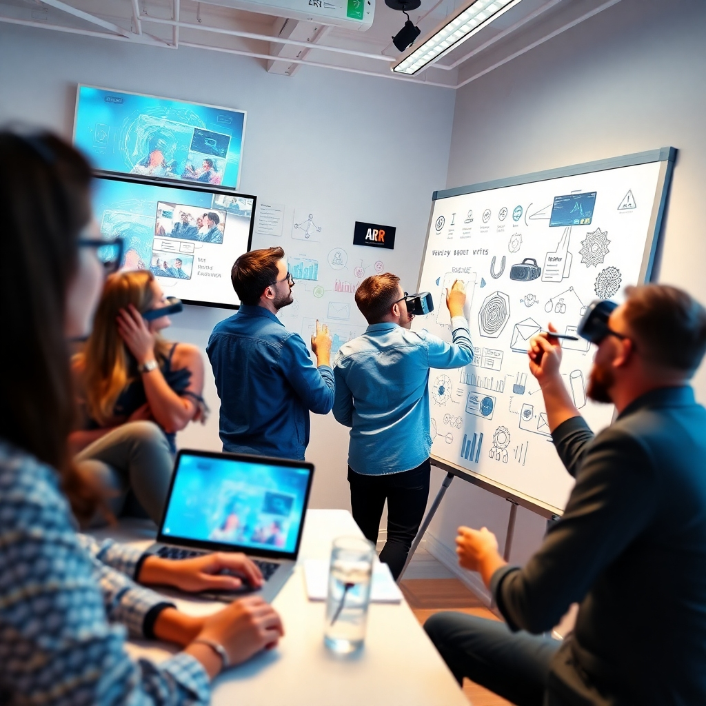 Create a dynamic image that illustrated future trends in web development. Show a bustling team brainstorming ideas on a whiteboard filled with futuristic design concepts. Incorporate technology like AR/VR elements on screens, highlighting the integration of cutting-edge advances in web development. The room could be bright and engaging, with a color palette that inspires innovation. The angle should invite viewers into a collaborative atmosphere, portraying an optimistic view of the future.