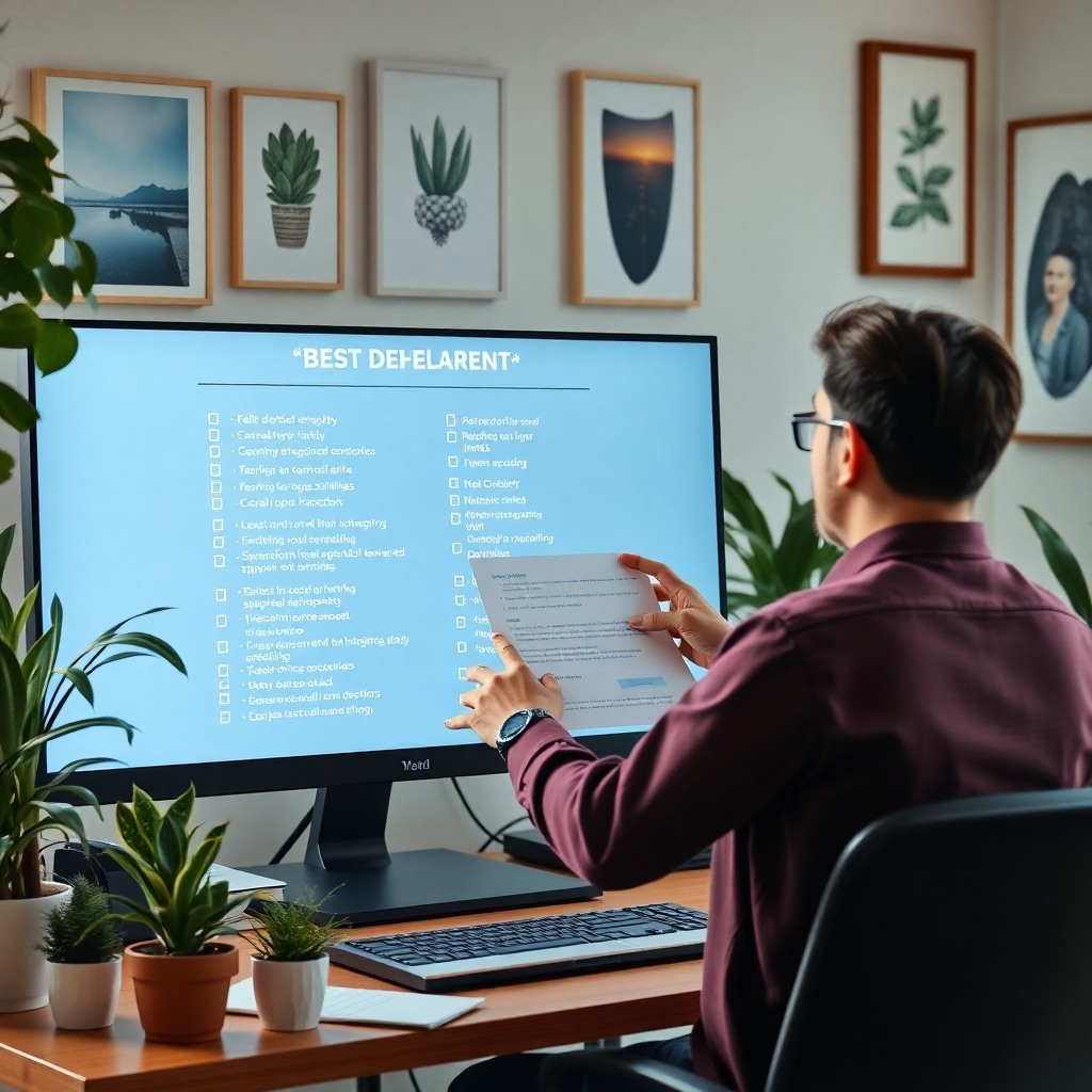Create a visual concept illustrating best practices in web development, featuring a professional reviewing a checklist on a large screen. The environment should be an organized workspace, adorned with plants and inspirational art, promoting a sense of calm and focus. Ensure detailed textures of the screen and list are visible, capturing a sense of thorough preparation and professionalism within a serene light setting.