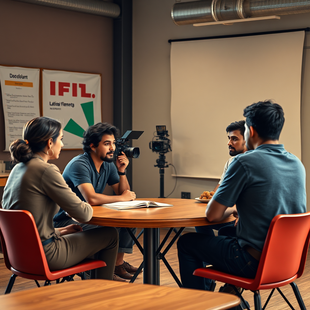 Create an image of a mentorship session: a seasoned Latino filmmaker guiding a group of young, aspiring filmmakers in a workshop setting. The scene should be warm and inviting, with a focus on shared knowledge and inspiration. Capture the diverse backgrounds and aspirations of the participants. Render in 4K.
