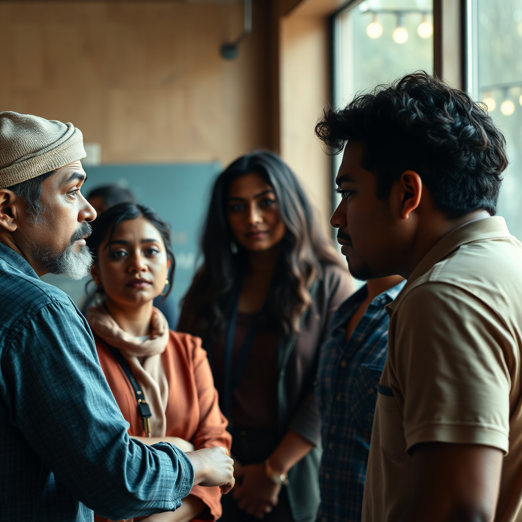 Create an image showcasing a diverse group of Latino actors portraying relatable and complex characters in a film scene. The scene should be grounded in authenticity and cultural sensitivity. The lighting should be natural and realistic, emphasizing the actors' performances. Render in 4K.